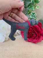 Load and play video in Gallery viewer, Personalized Silver Lab Ornament with a crochet collar

