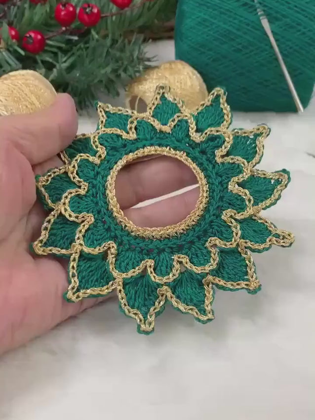 Handmade Crochet Christmas Doily Set – Forest Green and Gold Holiday Table Decor