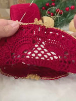 Load and play video in Gallery viewer, Handmade Crochet Poinsettia Tea Light Holder – Cardinal Red and Gold Table Decor
