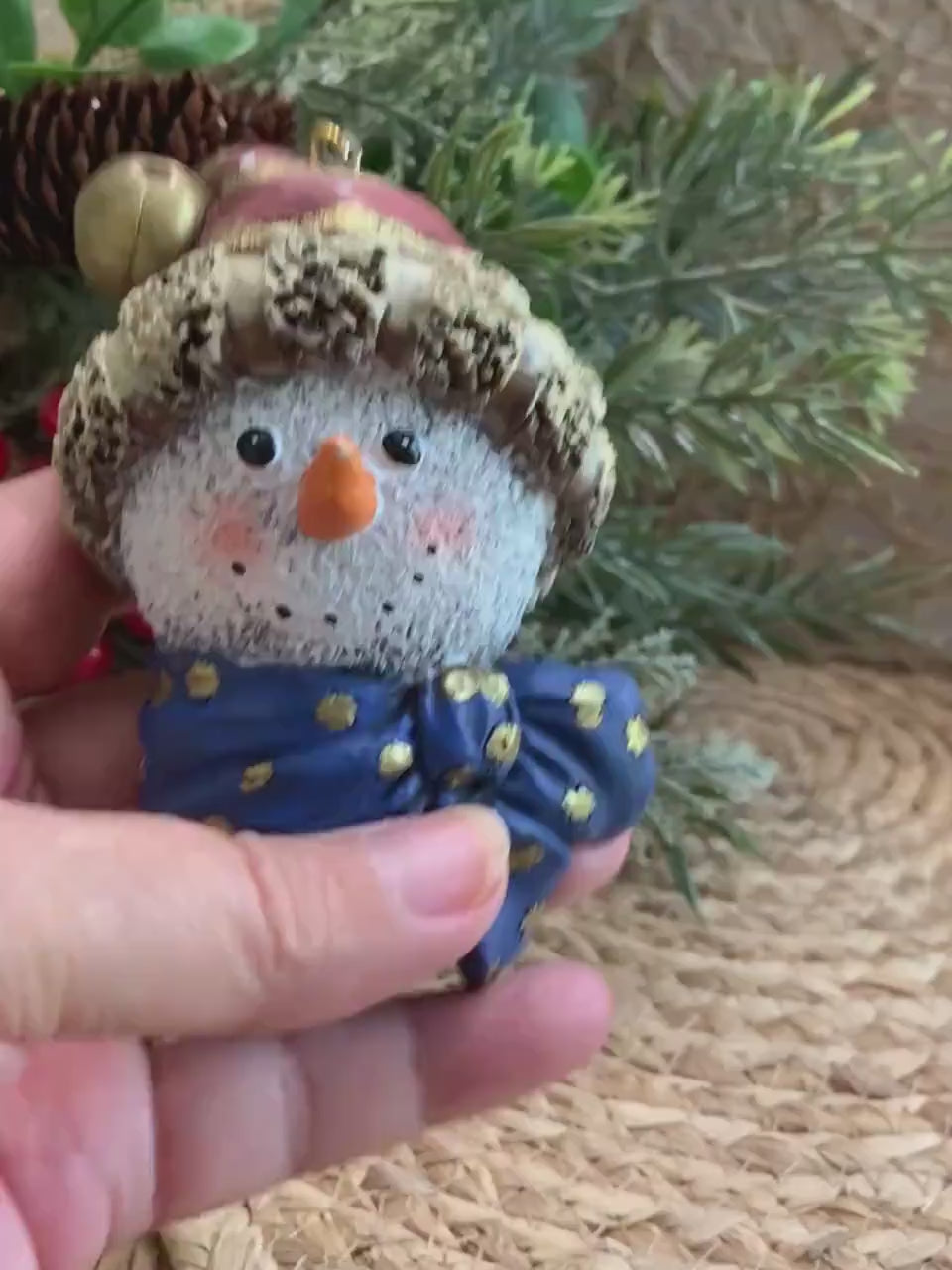 Set of 2 Snowman Head Ornaments – Rustic Resin with Blue Bow & Santa Hat