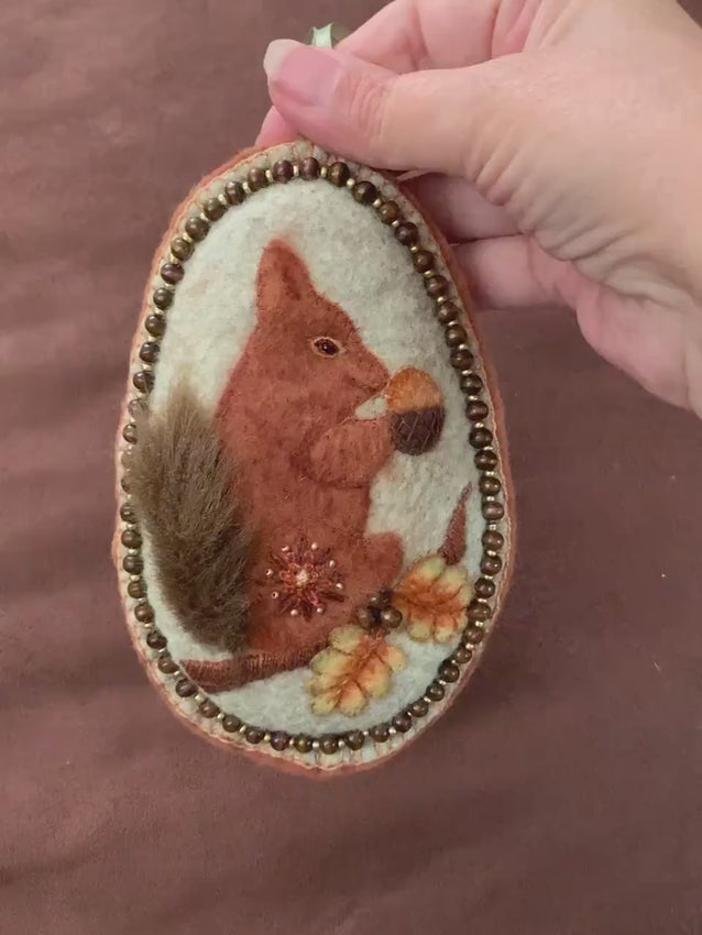 Felt Squirrel Ornament – Hand Embroidered – Needle Felted – with Wooden Bead Accents – Woodland Fall Animal Decor
