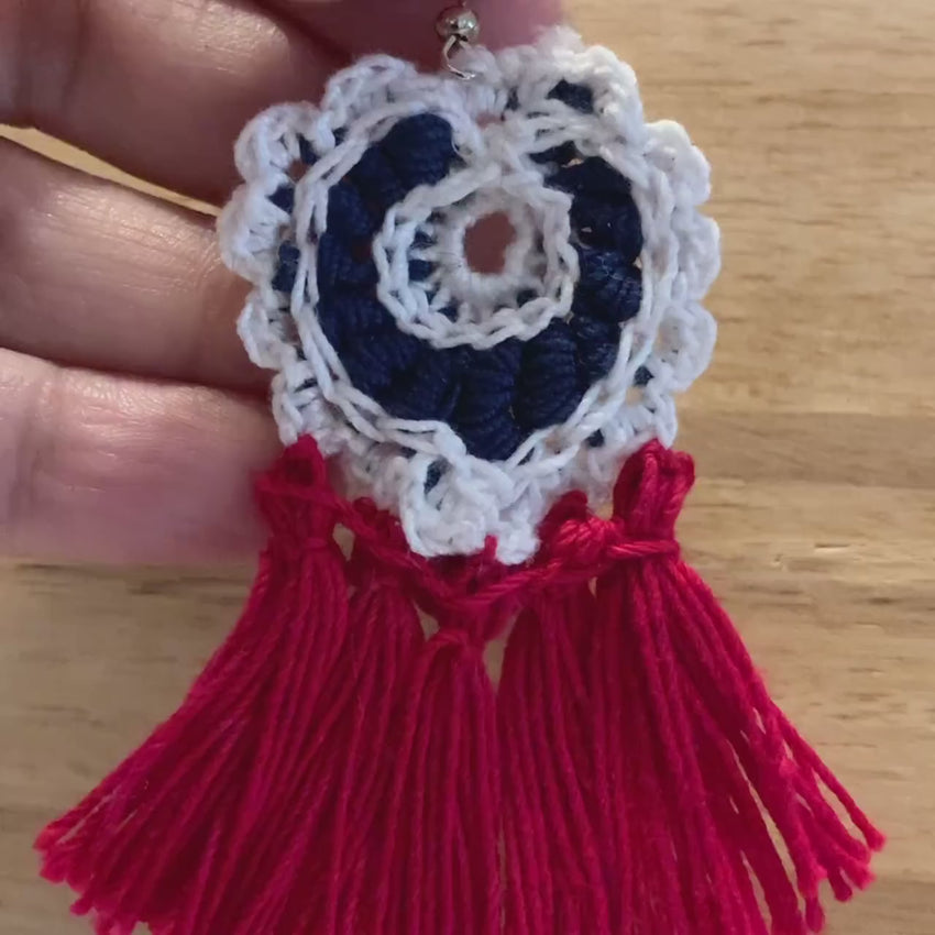 Crochet Patriotic Earrings: Red Tassel 4th of July Accessory