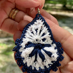 Load and play video in Gallery viewer, Navy Blue and White Boho Style Earrings- Light Weight Crochet Teardrop Earrings
