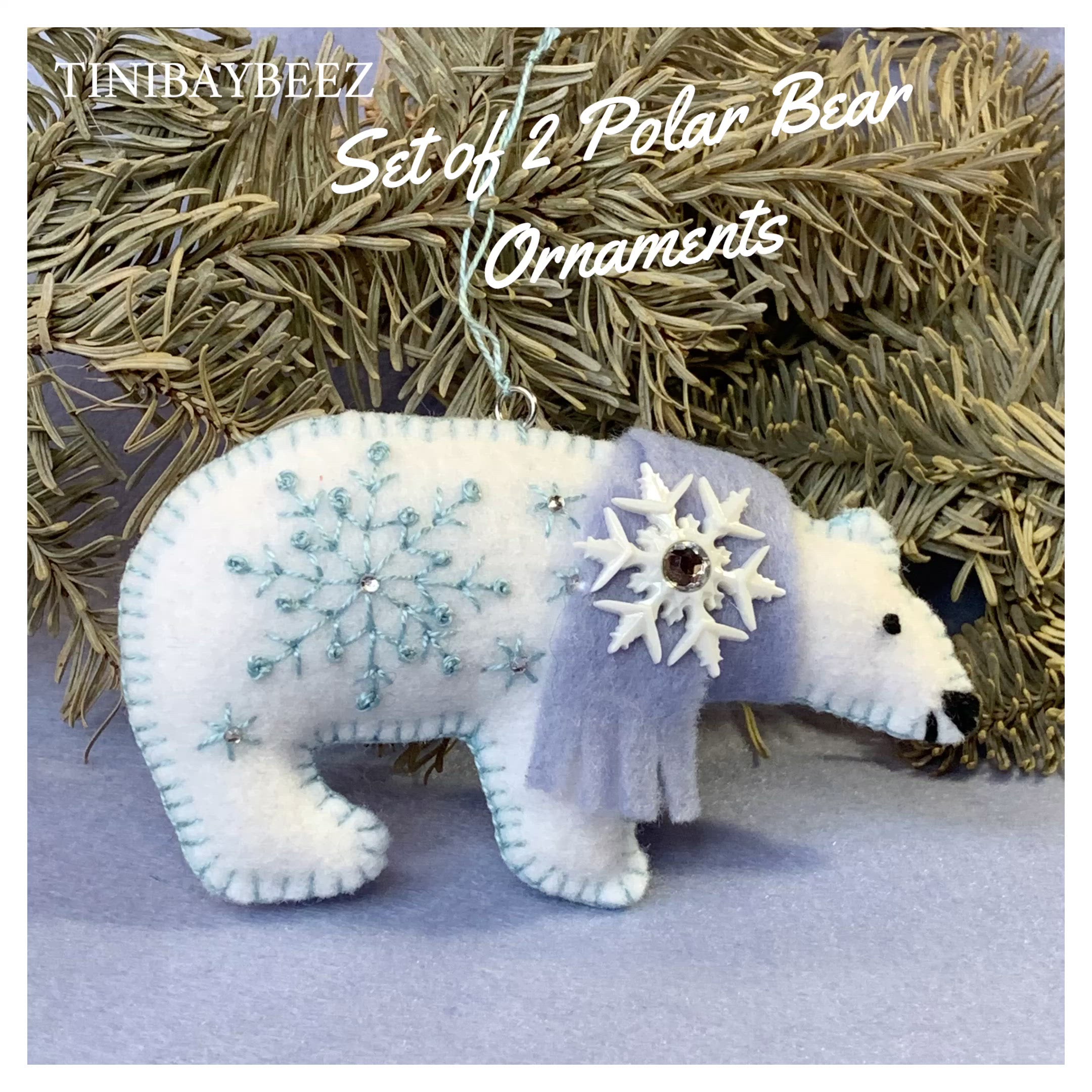 Polar Bear Ornament-Embroidered Felt Polar Bear Cub Ornaments Set of 2 with Rhinestone and Snowflake Accents