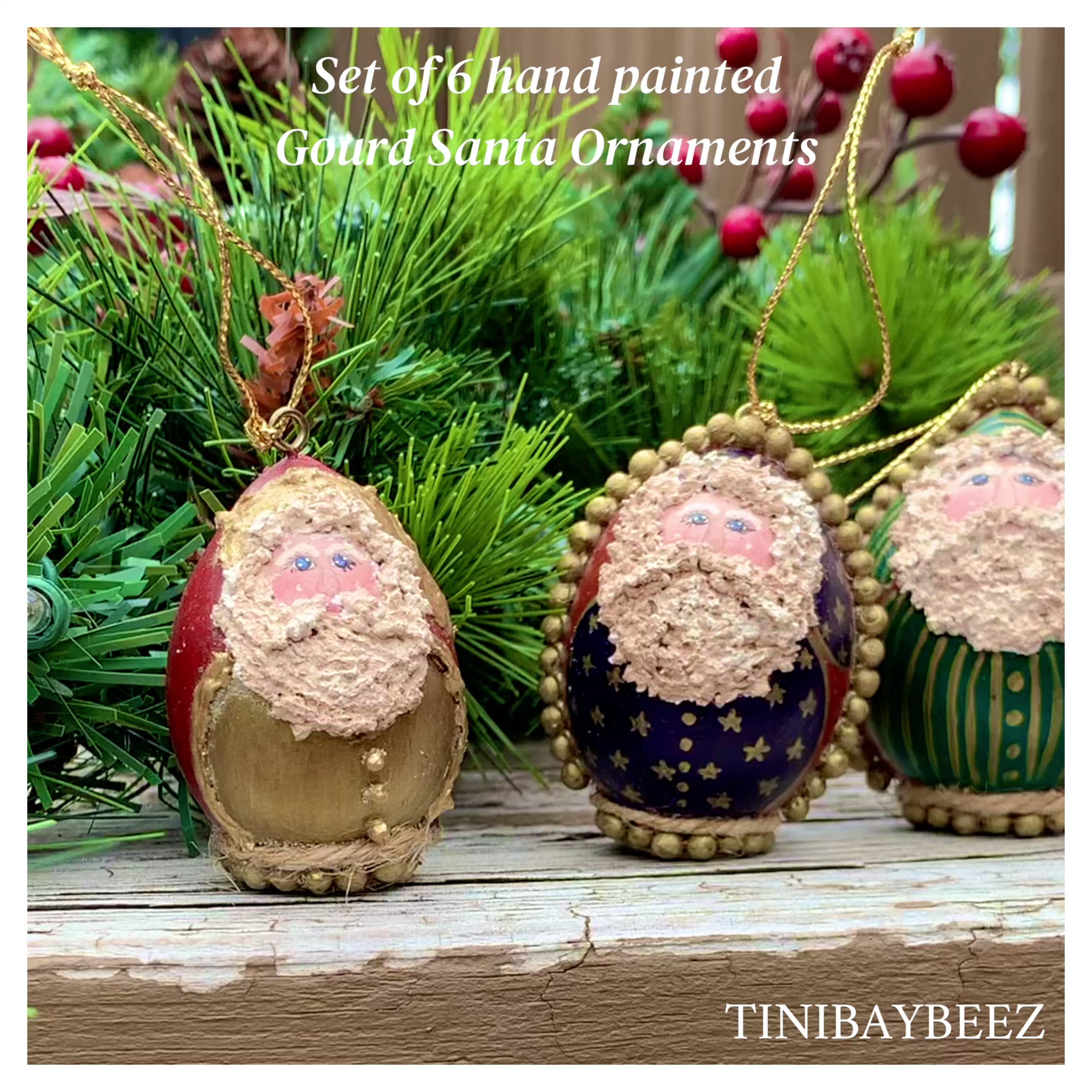 One If A Kind Set Of 6 Hand Painted Folk Art Santa Gourd Ornaments