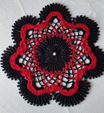 Load image into Gallery viewer, Black and Red Dimensional Round Crochet Doily- 9” Dimensional Doily- Round Doily
