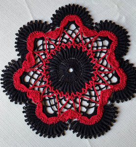 Black and Red Dimensional Round Crochet Doily- 9” Dimensional Doily- Round Doily