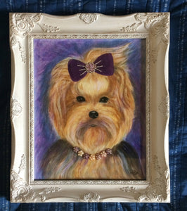 Yorkshire Terrier Portrait with Rhinestone Accents-11"x 14" Framed Yorkie Painting-Acrylic Yorkie Painting on Canvas