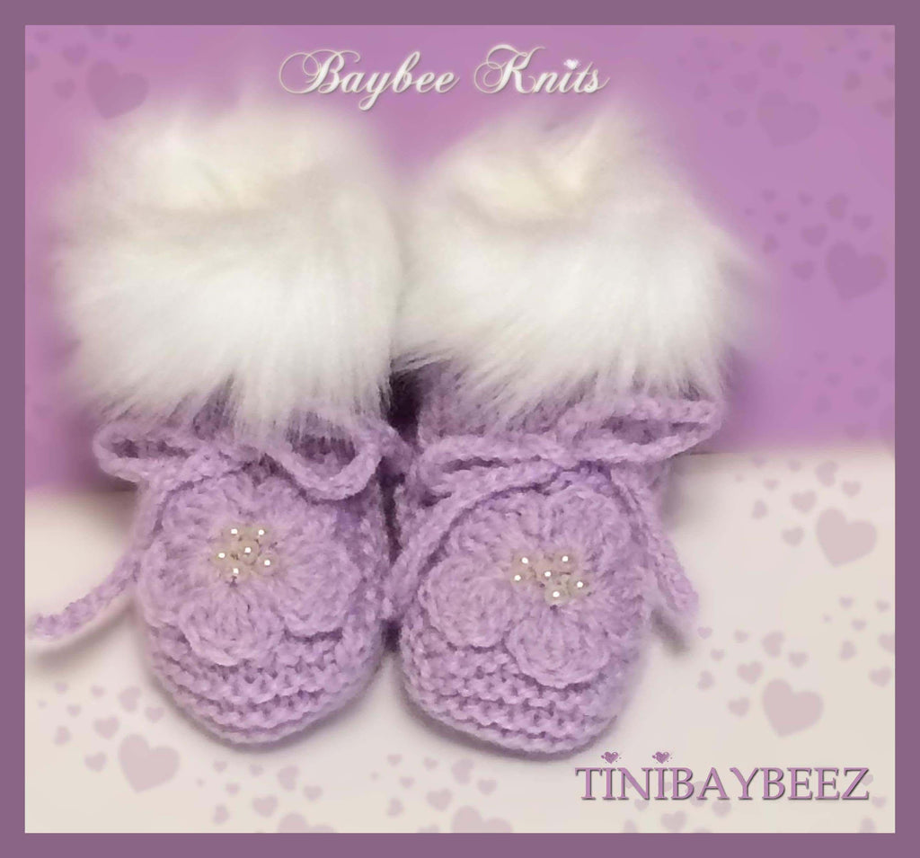 Lilac Knitted Baby Booties-Faux Fur Baby Booties-Cute Handmade Baby Booties-Baby Shower Gift
