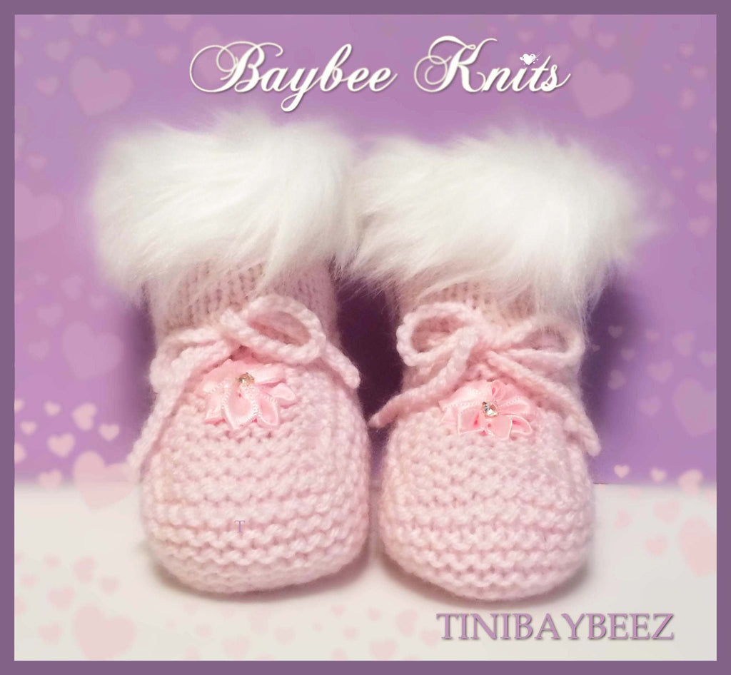Pink Knitted Baby Booties-Faux Fur Baby Booties-Cute Handmade Baby Booties-Baby Shower Gift