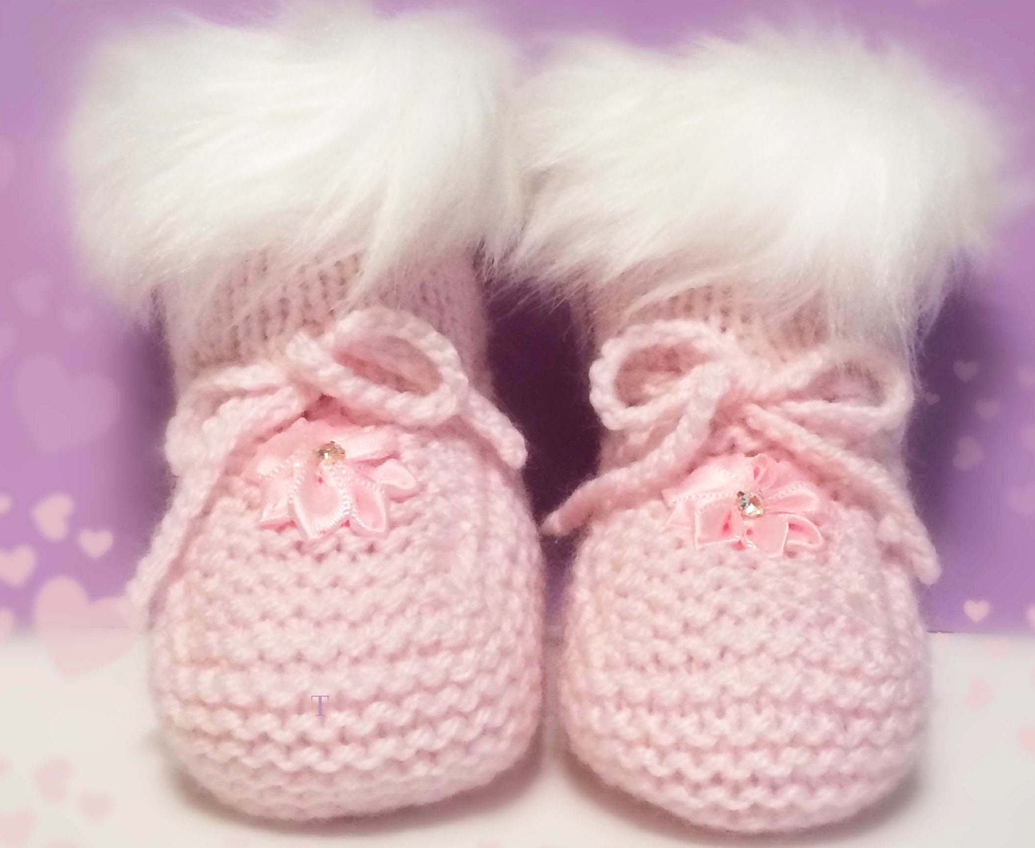 Pink Knitted Baby Booties-Faux Fur Baby Booties-Cute Handmade Baby Booties-Baby Shower Gift