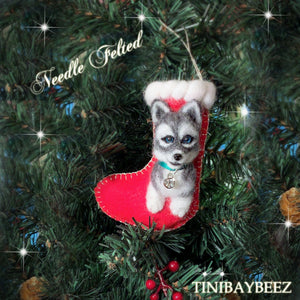Needle Felted Husky Puppy Stocking Ornament