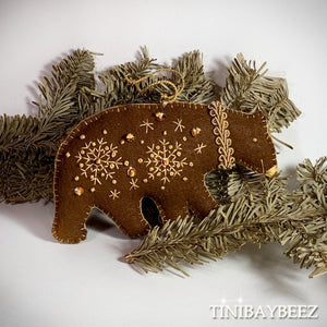 Embroidered Brown Bear Ornament-Felt Ornament-Log Cabin Decoration