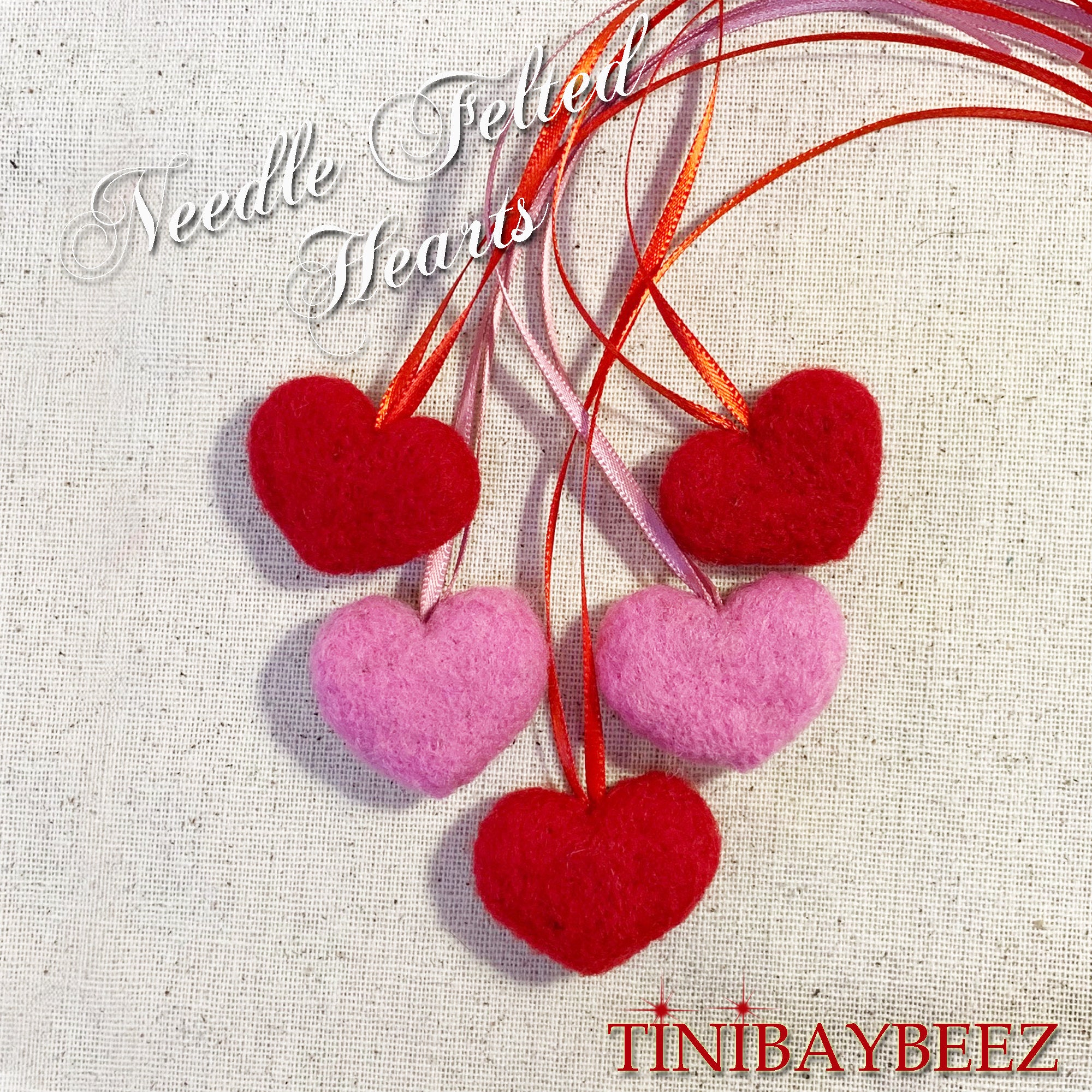 Needle Felted Hearts with Ribbon Hangers Set of 5 Valentines Hearts