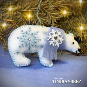Embroidered Felt Polar Bear Cub Ornaments Set of 2 with Rhinestone and Snowflake Accents