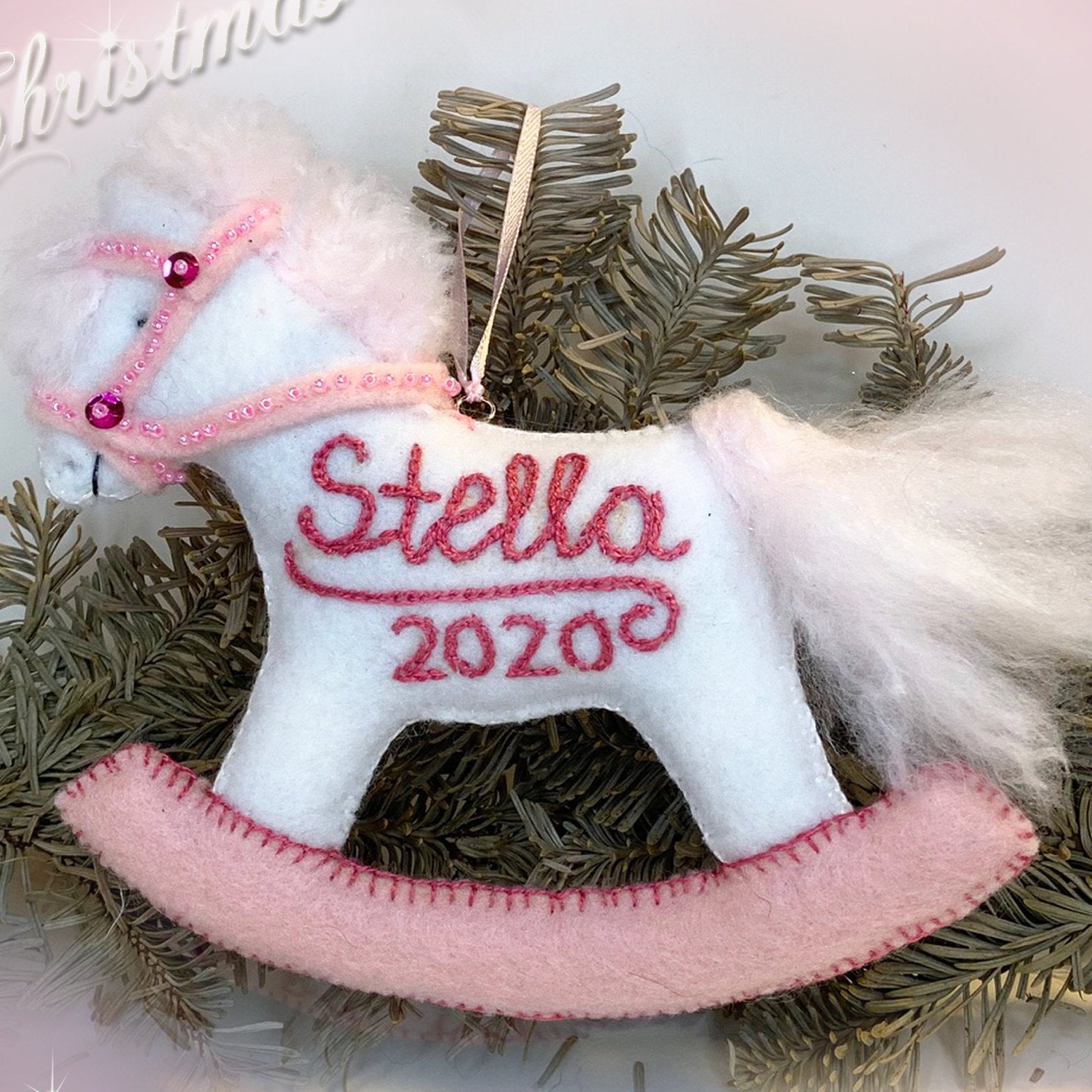Limited Custom Baby&#39;s First Christmas Ornament-Personalized Rocking Horse Ornament-Embroidered Felt Ornament-Baby Shower Gift