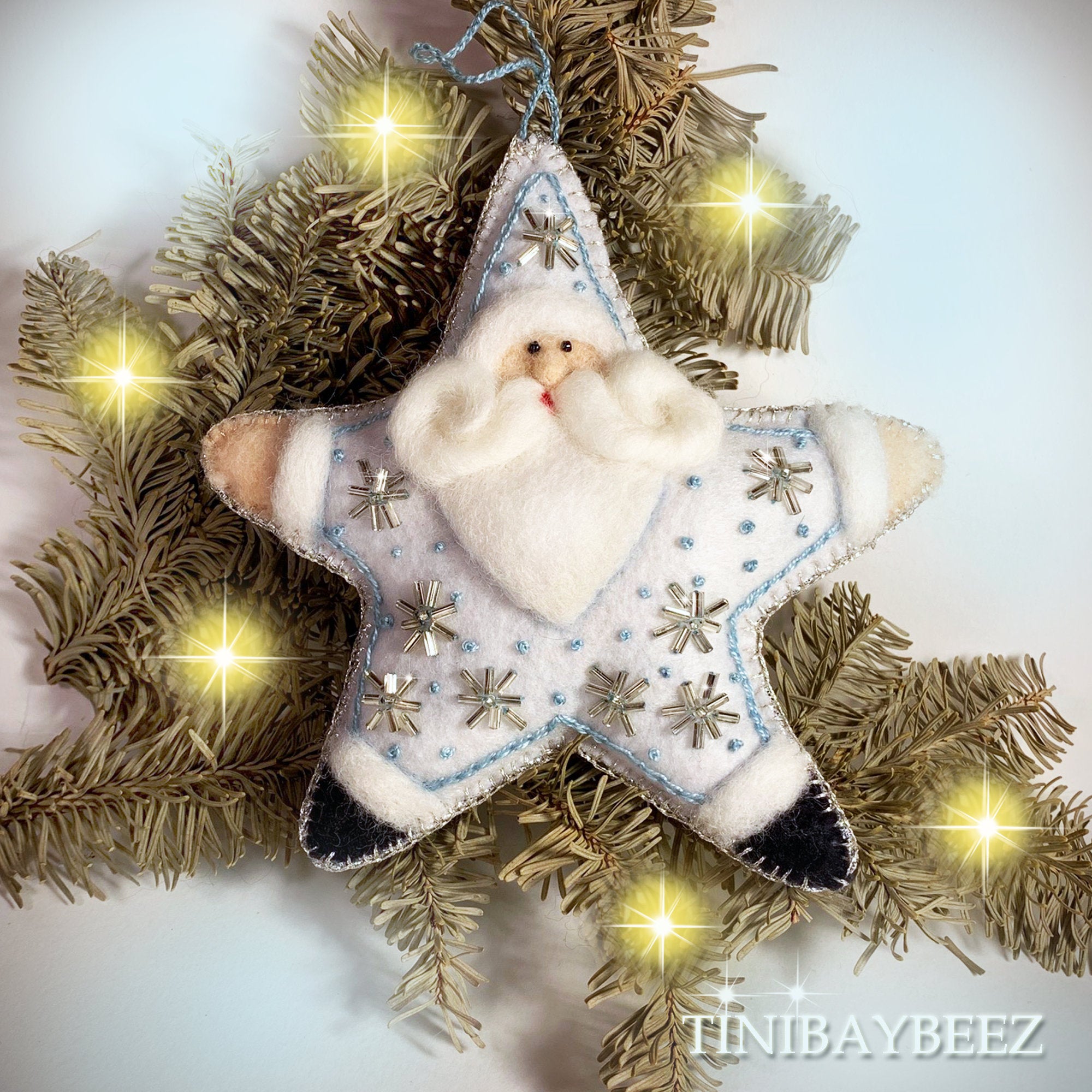 Embroidered Felt Star Santa Ornament with  Bugle Beads