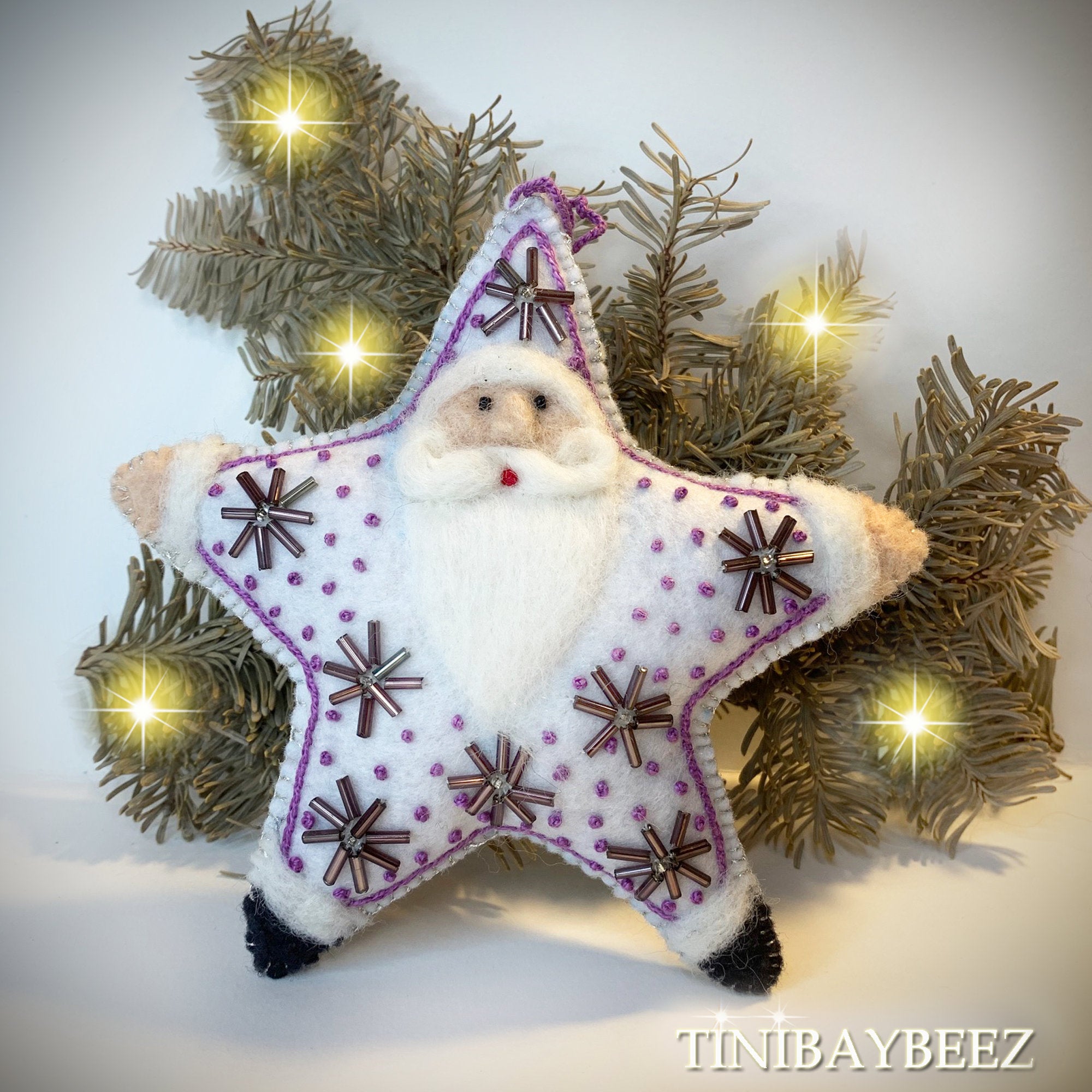 Embroidered Felt Star Santa Ornament with  Bugle Beads
