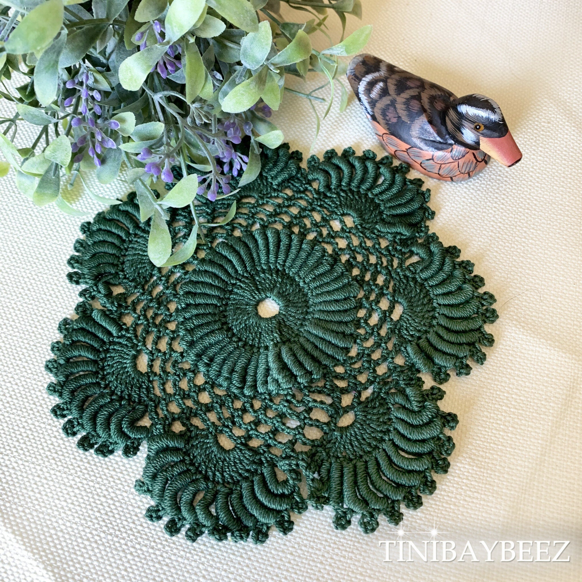 Set of two 6 1/2” Hunter Green Round  Crochet Doilies-Dimensional Doily- Round Doilies- Hunter Green Doily