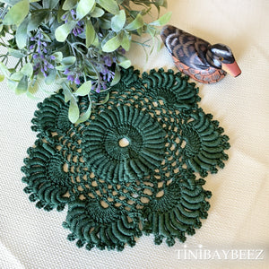 Set of two 6 1/2” Hunter Green Round  Crochet Doilies-Dimensional Doily- Round Doilies- Hunter Green Doily