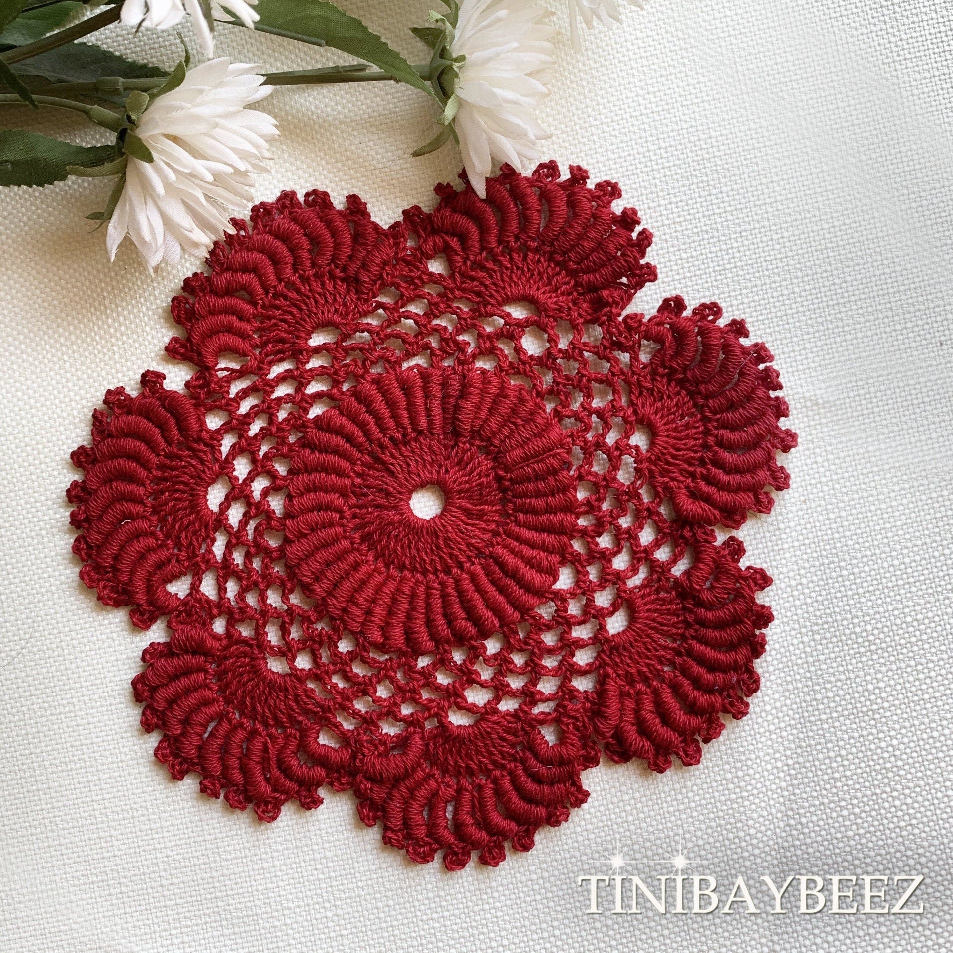 Red Round  Crocheted Doilies Set of 2 -6 1/2“ Dimensional Doily-Red Round Doilies