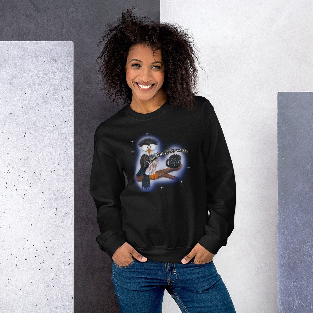 Owl Sweatshirt-Coffee Lover Sweatshirt-Long Sleeve Shirt-Unisex Sweatshirt