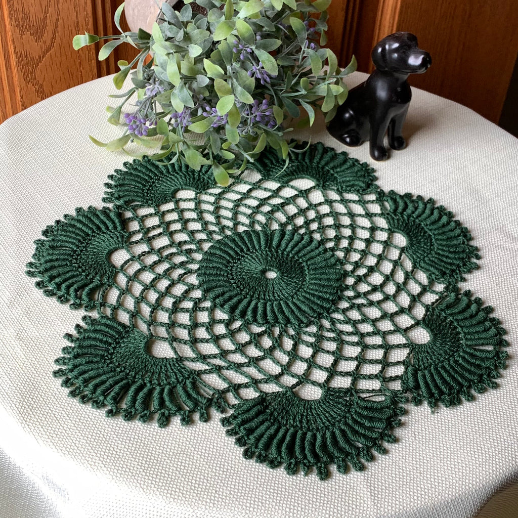 10 1/2” Hunter Green Round  Crochet Doily-  Dimensional Doily- Round Doily