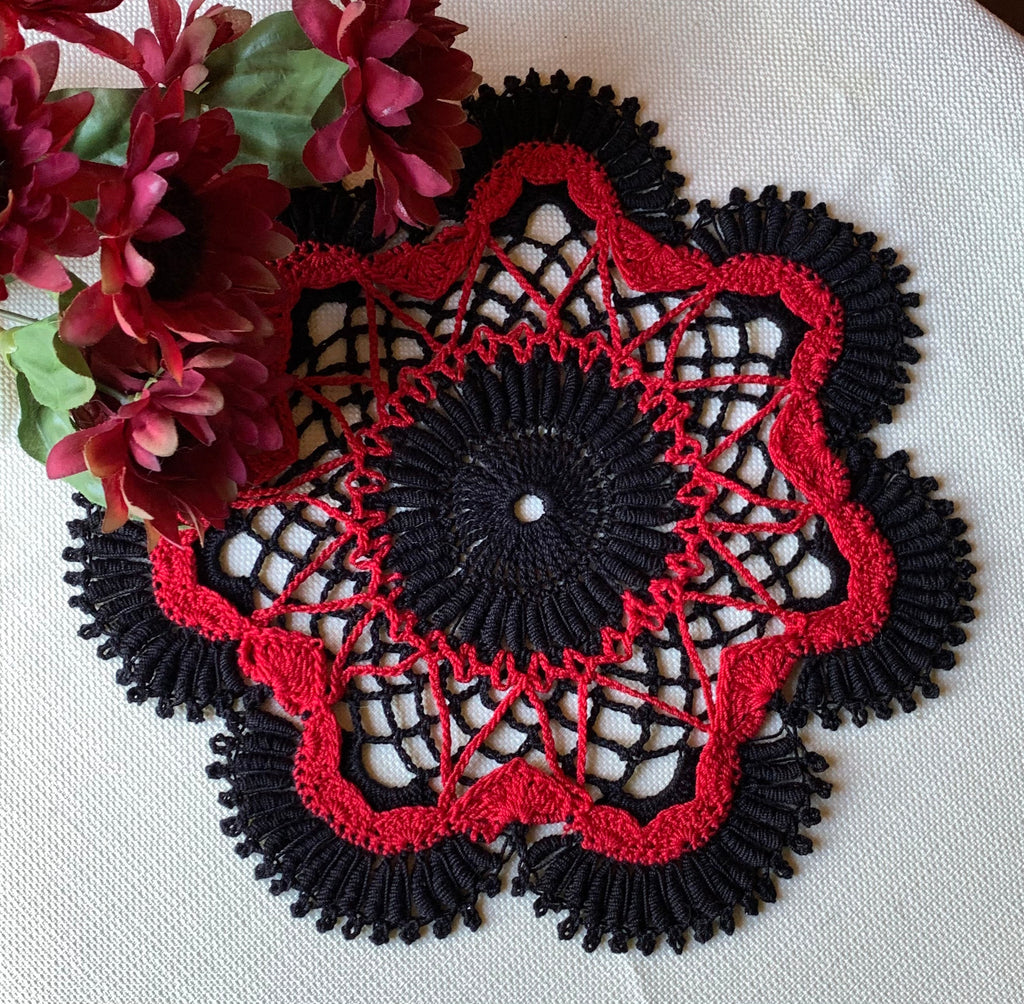 Black and Red Dimensional Round  Crochet Doily- 9” Dimensional Doily- Round Doily