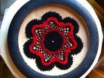 Load image into Gallery viewer, Black and Red Dimensional Round  Crochet Doily- 9” Dimensional Doily- Round Doily

