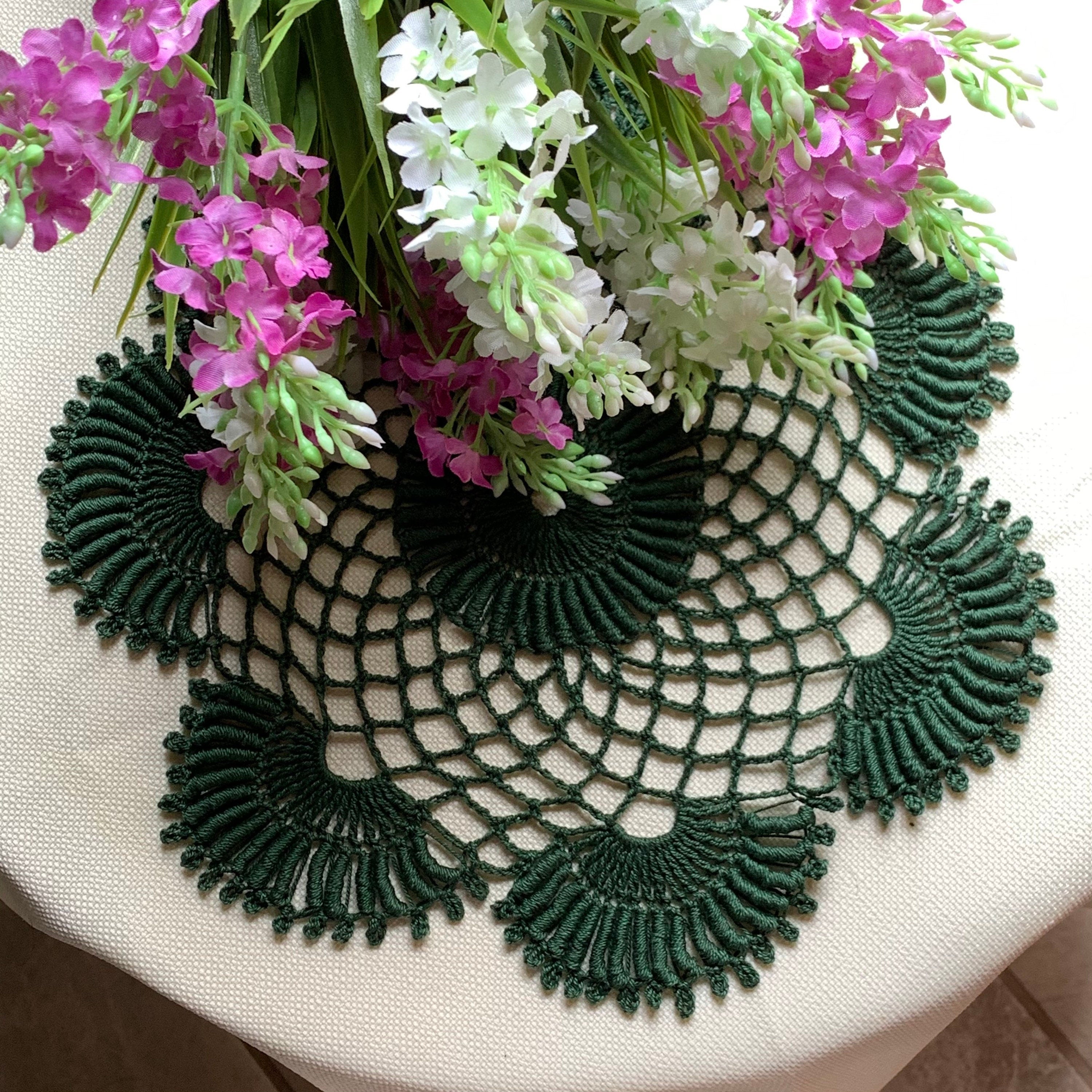 Hunter Green Round  Crochet Doily- 10 1/2” Dimensional Doily- Round Doily