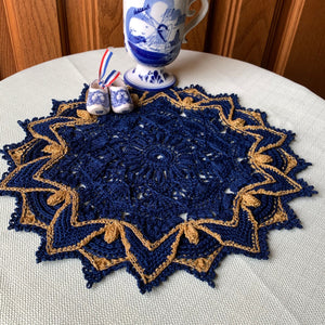 Navy Blue and Gold Textured Crochet Doily-10 1/2“ Doily