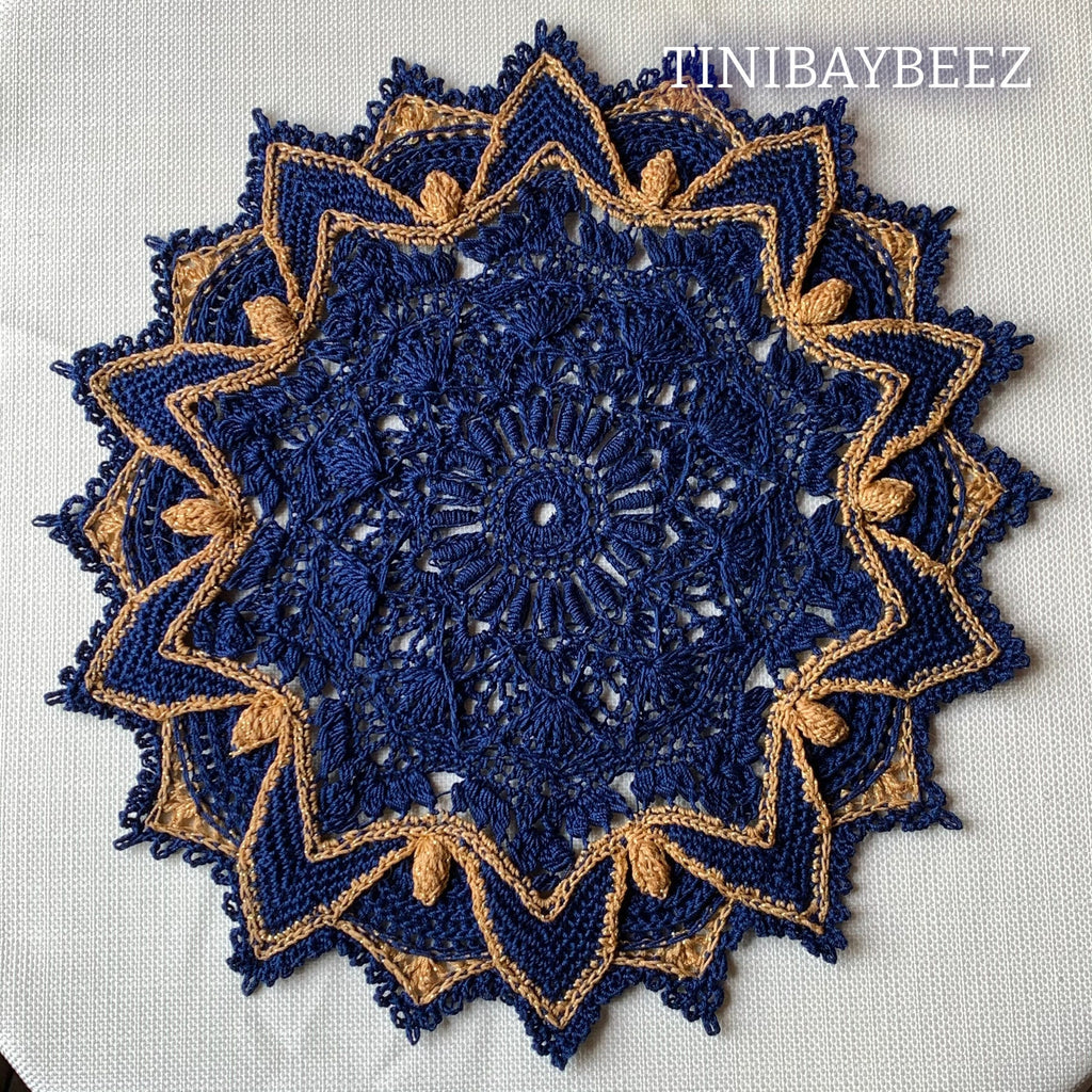 Navy Blue and Gold Textured Crochet Doily-10 1/2“ Doily