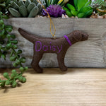 Load image into Gallery viewer, Personalized Silver Lab Ornament with a crochet collar
