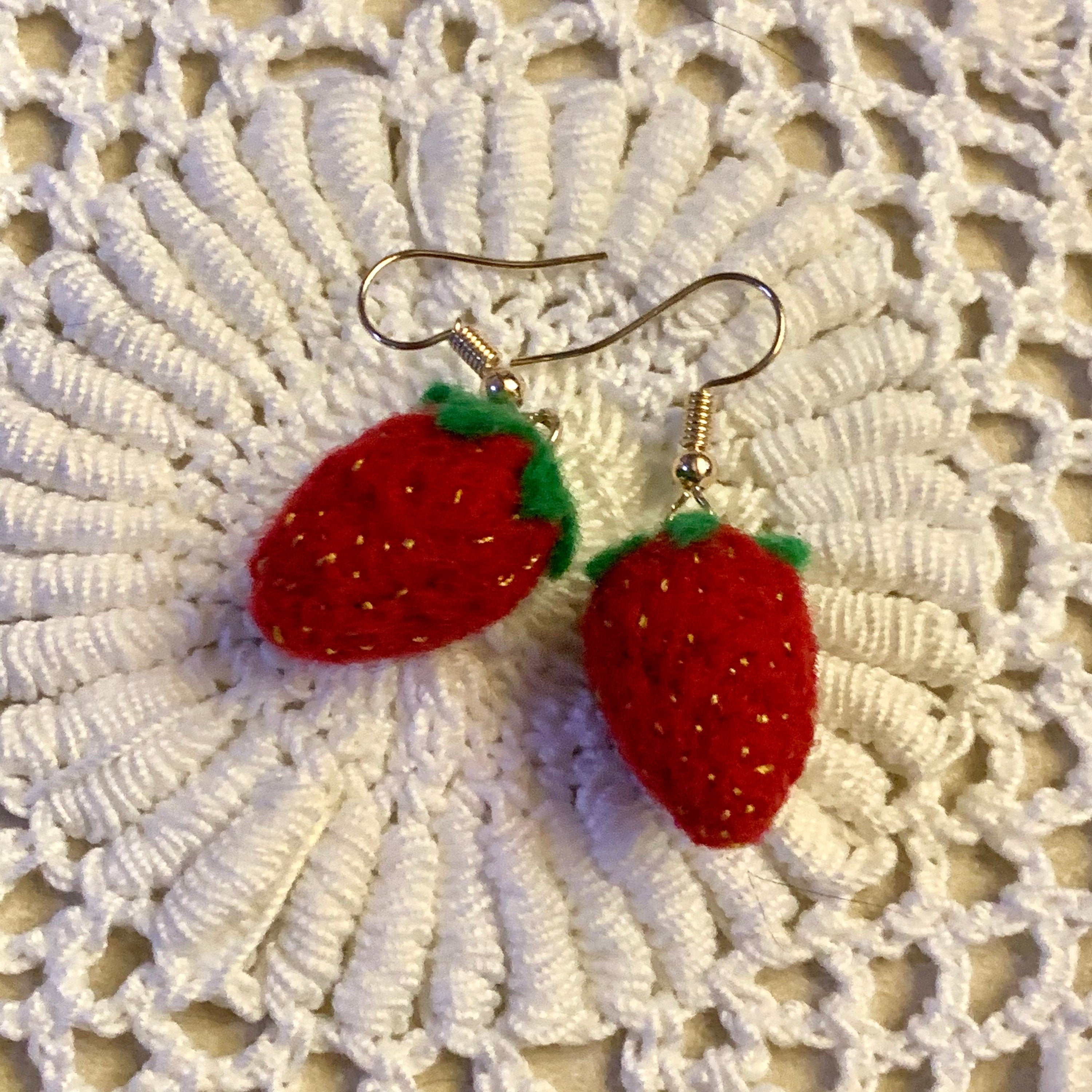 Strawberry Earrings-Needle Felted Earrings made from Merino Wool