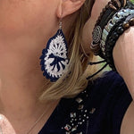 Load image into Gallery viewer, Navy Blue and White Boho Style Earrings- Light Weight Crochet Teardrop Earrings
