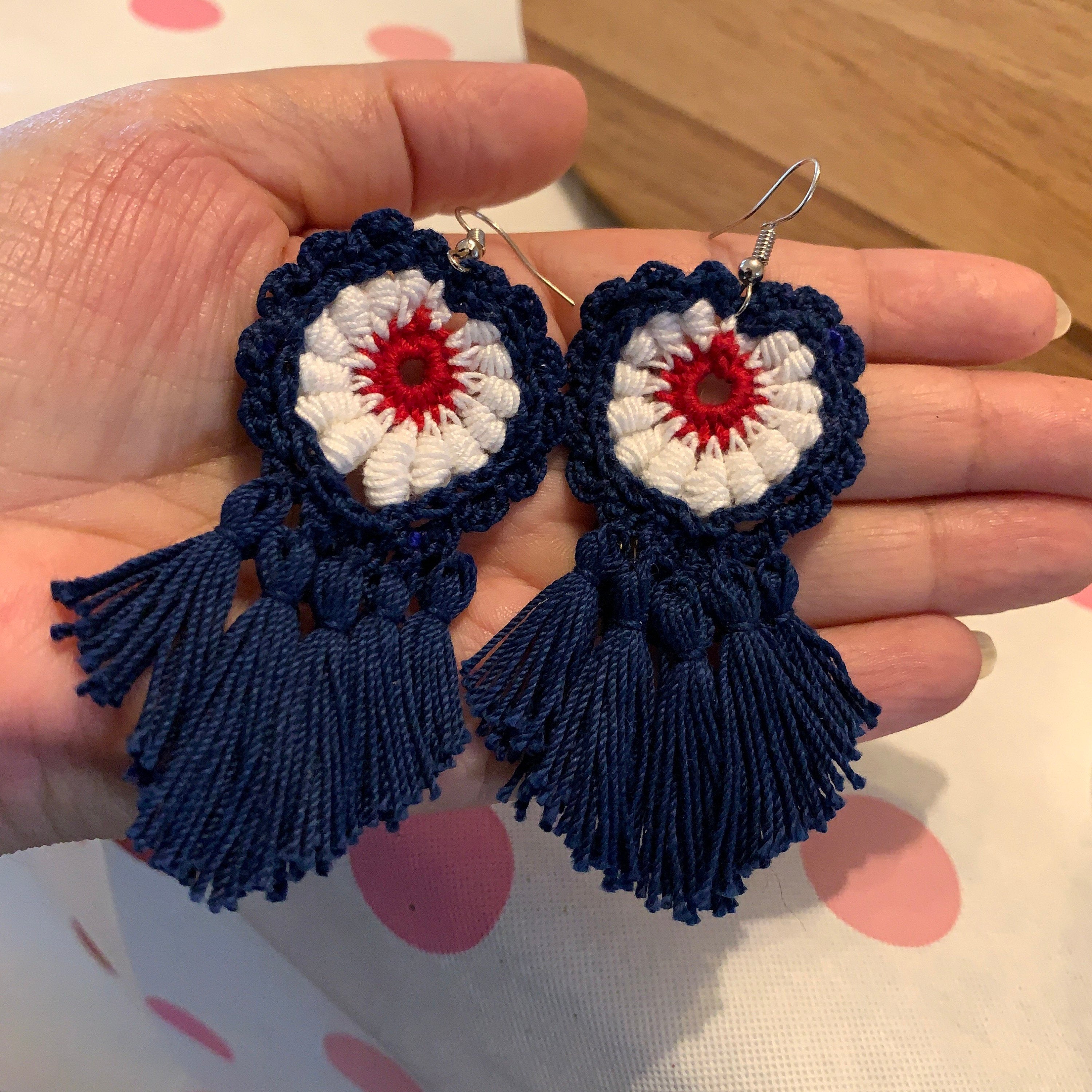 Red, white and blue Crochet Earrings With Blue Tassel-Patriotic Earrings, 4th of July Earrings
