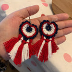 Load image into Gallery viewer, Red, white and blue Crochet Earrings With Red and White Tassels-Patriotic Earrings, 4th of July Earrings
