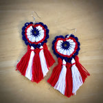 Load image into Gallery viewer, Red, white and blue Crochet Earrings With Red and White Tassels-Patriotic Earrings, 4th of July Earrings
