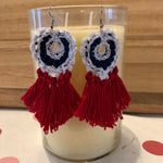 Load image into Gallery viewer, Red, white and blue Crochet Earrings With Red Tassel-Patriotic Earrings, 4th of July Earrings
