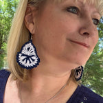 Load image into Gallery viewer, Navy Blue and White Boho Style Earrings- Light Weight Crochet Teardrop Earrings
