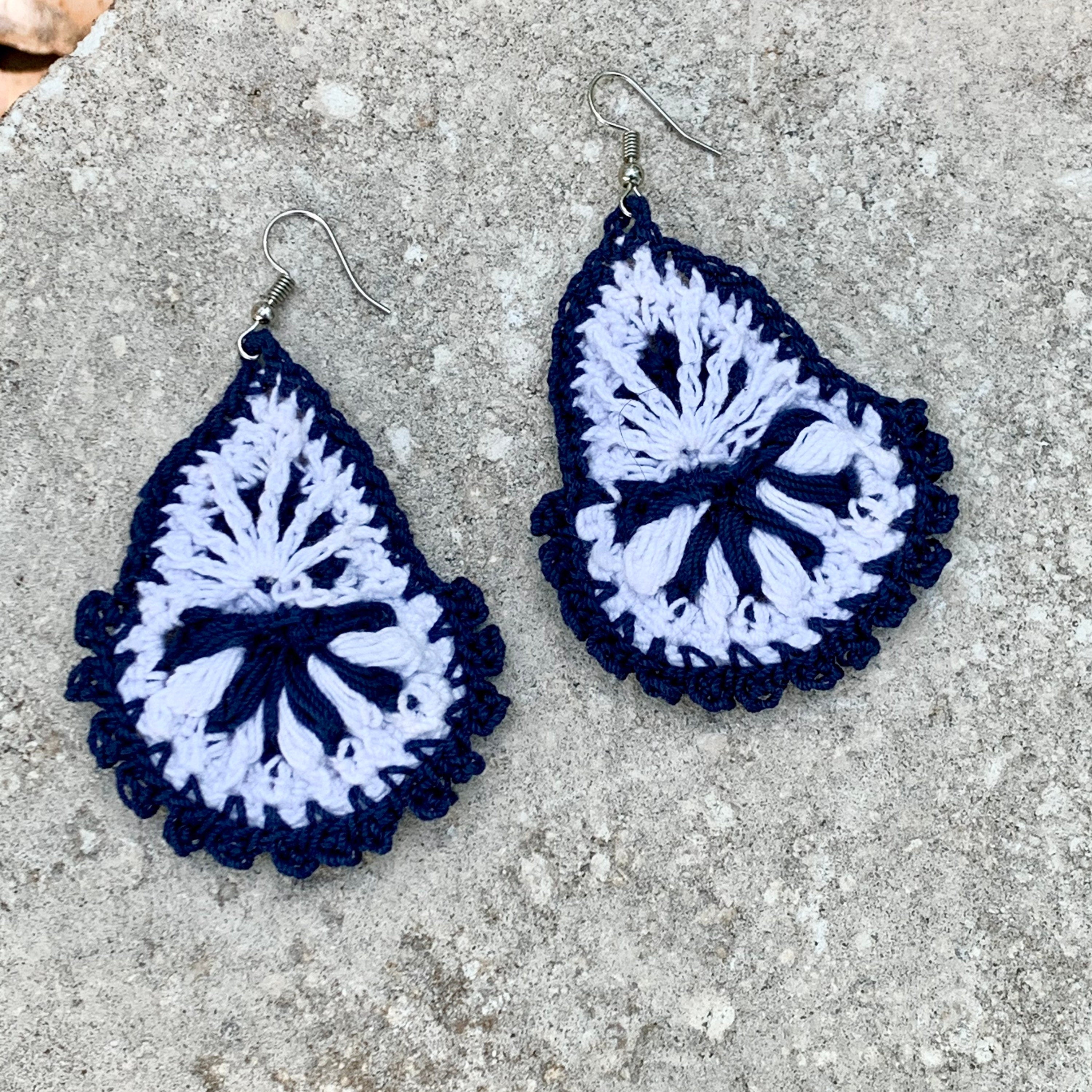 Navy Blue and White Boho Style Earrings- Light Weight Crochet Teardrop Earrings