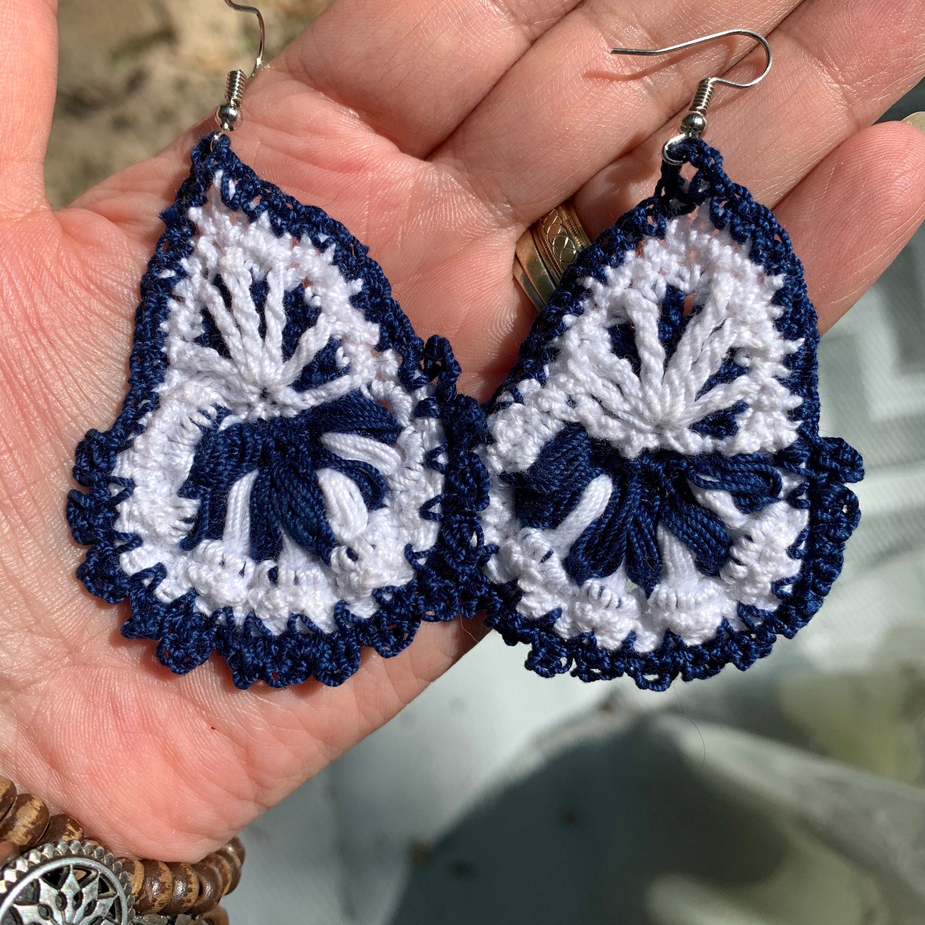 Navy Blue and White Boho Style Earrings- Light Weight Crochet Teardrop Earrings