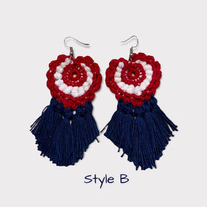 Red, white and blue Crochet Earrings With Red Tassel-Patriotic Earrings, 4th of July Earrings