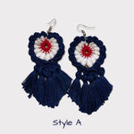 Load image into Gallery viewer, Red, white and blue Crochet Earrings With Red Tassel-Patriotic Earrings, 4th of July Earrings
