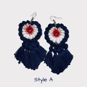 Red, white and blue Crochet Earrings With Red Tassel-Patriotic Earrings, 4th of July Earrings