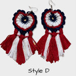 Load image into Gallery viewer, Red, white and blue Crochet Earrings With Blue Tassel-Patriotic Earrings, 4th of July Earrings
