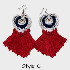 Red, white and blue Crochet Earrings With Red and White Tassels-Patriotic Earrings, 4th of July Earrings
