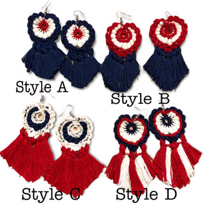 Red, white and blue Crochet Earrings With Red and White Tassels-Patriotic Earrings, 4th of July Earrings