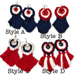 Load image into Gallery viewer, Red, white and blue Crochet Earrings With Blue Tassel-Patriotic Earrings, 4th of July Earrings
