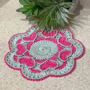 Mint green and hot pink crocheted round doily-Cotton doily-7 1/2” round dimensional doily